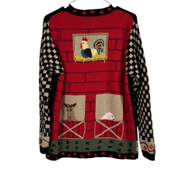 Vtg Quacker Factory Cardigan Sweater L Farm Animal Countrycore Chicken Horse Pig - Picture 2 of 7